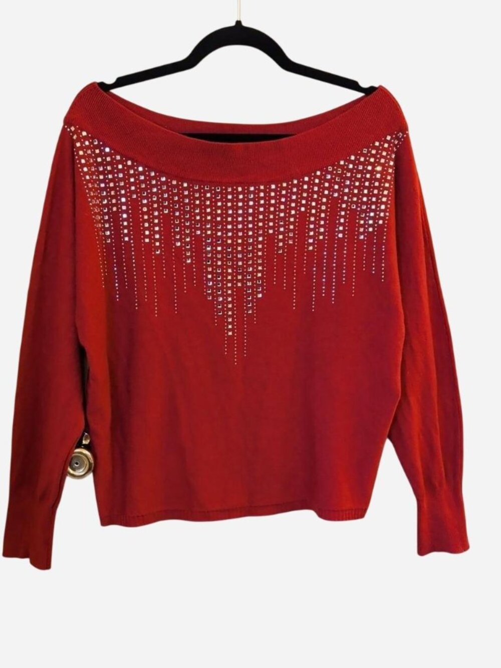 Vila Milano Red Off-Shoulder Rhinestone Sweater | Size XL